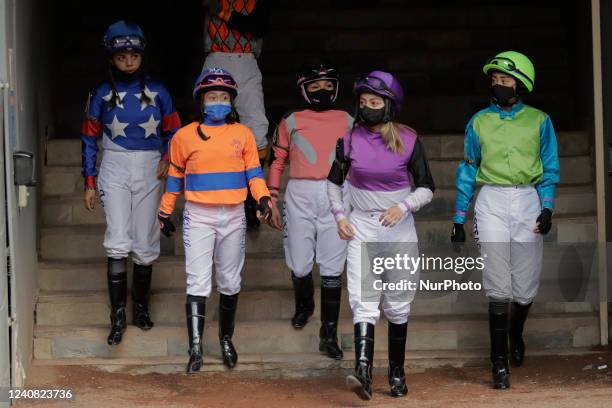 Group of women prior to the Second Women Jockeys Race at the Hipódromo de Las Américas in Mexico City.