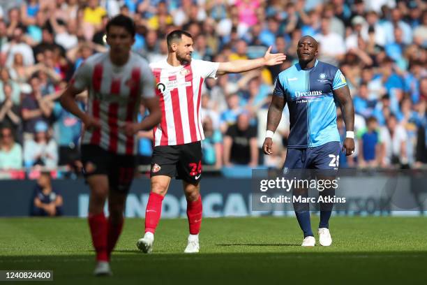 Adebayo Akinfenwa of Wycombe Wanderers on his final appearance for the club during the Sky Bet League One Play-Off Final match between Sunderland and...