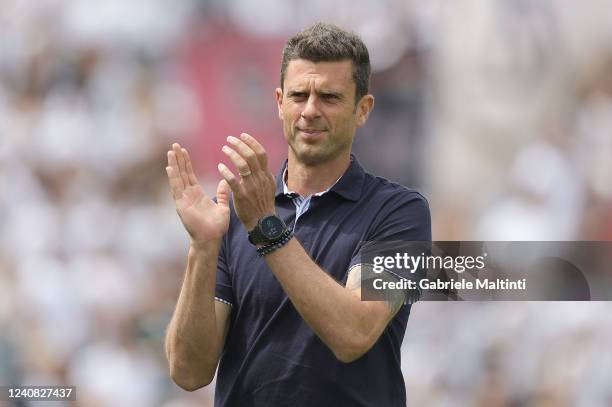 Thiago Motta manager of Spezia Calcio gestures during the Serie A match between Spezia Calcio and SSC Napoli at Stadio Alberto Picco on May 22, 2022...