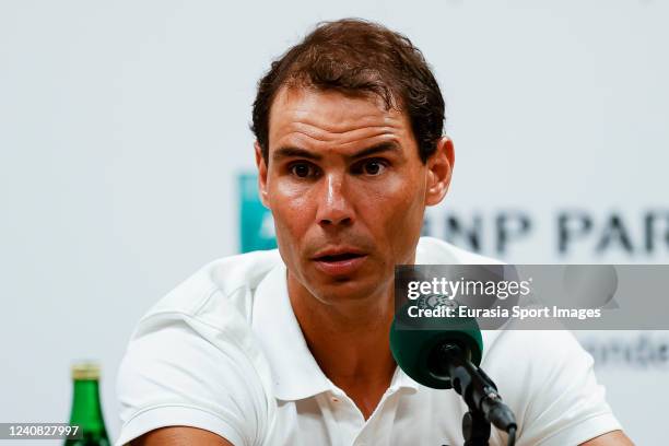 Rafael Nadal of Spain talks during the press conference during the 2022 French Open Press Conference at Roland Garros on May 20, 2022 in Paris,...