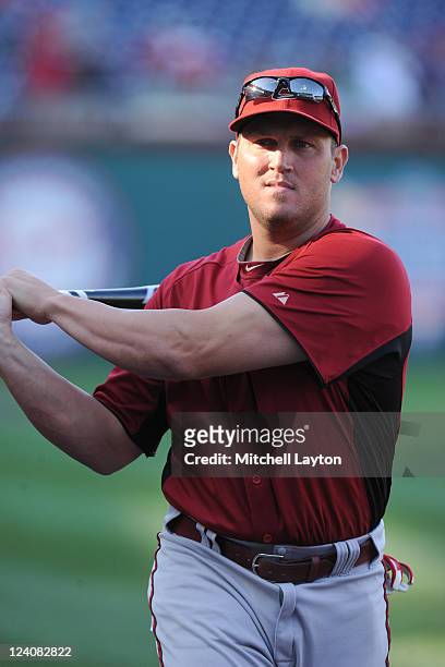 Sean Burroughs of the Arizona Diamondbacks looks on before a baseball game against the Washington Nationals at National Park on August 22, 2011 in...