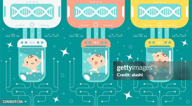 designer baby concept, genetic engineering, gmo and gene manipulation - conjugation biological process stock illustrations
