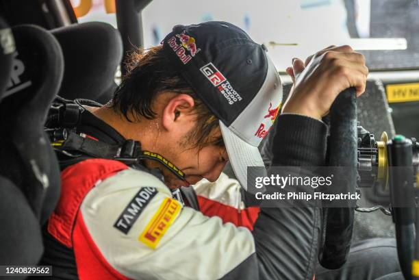 Porto , Portugal - 22 May 2022; Takamoto Katsuta in his Toyota GR Yaris Rally 1 in tears after having victory snatch by two seconds on the last stage...