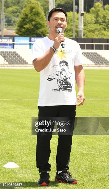 Manny Pacquiao attends the charity marathon event to provide shelters for the children in the Philippines at City Football Station on May 22, 2022 in...