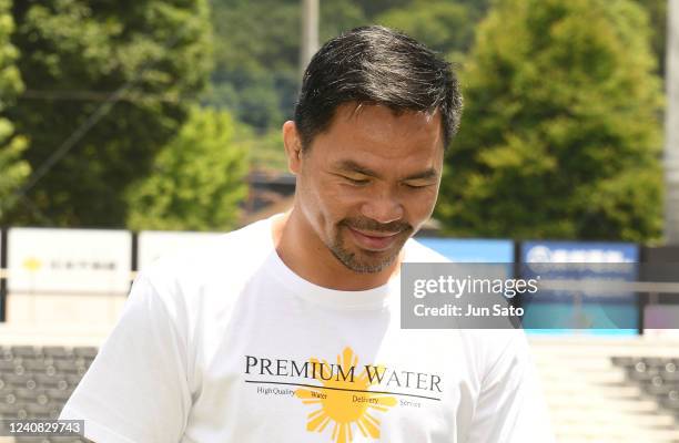 Manny Pacquiao attends the charity marathon event to provide shelters for the children in the Philippines at City Football Station on May 22, 2022 in...