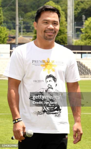 Manny Pacquiao attends the charity marathon event to provide shelters for the children in the Philippines at City Football Station on May 22, 2022 in...