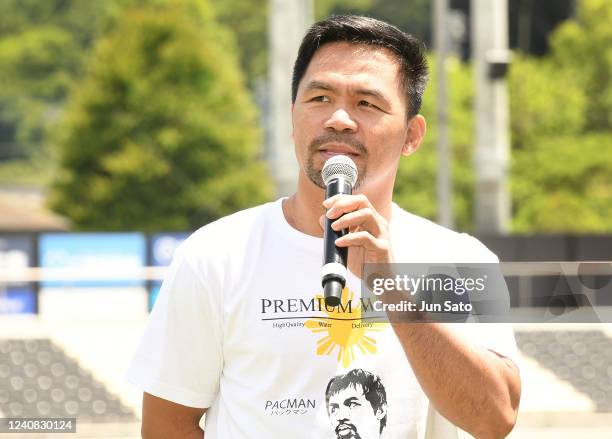 Manny Pacquiao attends the charity marathon event to provide shelters for the children in the Philippines at City Football Station on May 22, 2022 in...