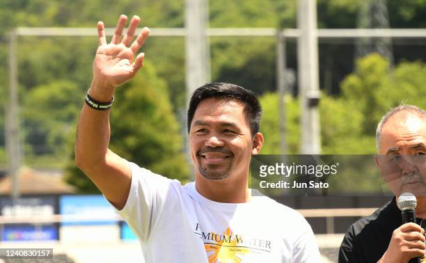 Manny Pacquiao attends the charity marathon event to provide shelters for the children in the Philippines at City Football Station on May 22, 2022 in...