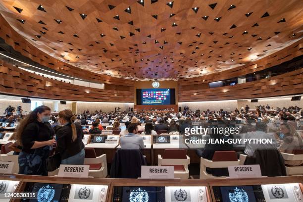 Delegates gather on the opening day of 75th World Health Assembly of the World Health Organisation in Geneva on May 22, 2022.