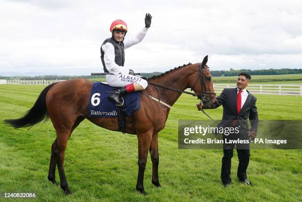 Chris Hayes celebrates on Homeless Songs after winning the Tattersalls Irish 1,000 Guineas during day three of the Tattersalls Irish Guineas Festival...