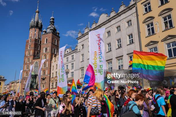 Participants walk through the Main Square during the Equality March in Krakow, Poland on May 21st, 2021. This years Equality March took place for the...