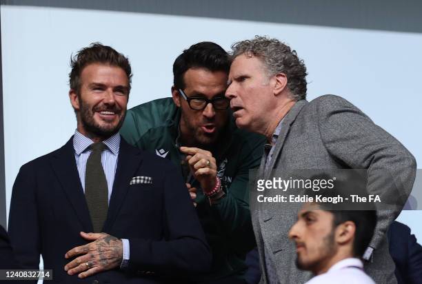 Ex England Footballer David Beckham, Wrexham Owner & Hollywood actor Ryan Reynolds and Hollywood actor Will Ferrell in the tribune during the...