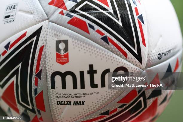 Detailed view of the Mitre official match ball during the Buildbase FA Trophy Final between Bromley and Wrexham at Wembley Stadium on May 22, 2022 in...