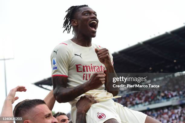 Rafael Leao of Milan celebrates during the Serie A match between US Sassuolo and AC Milan at Mapei Stadium - Citta' del Tricolore on May 22, 2022 in...