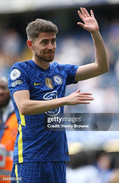 Jorginho of Chelsea applauds the fans after the Premier League match between Chelsea and Watford at Stamford Bridge on May 22, 2022 in London, United...