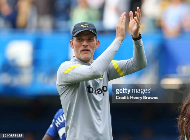 Thomas Tuchel of Chelsea applauds the fans after the Premier League match between Chelsea and Watford at Stamford Bridge on May 22, 2022 in London,...