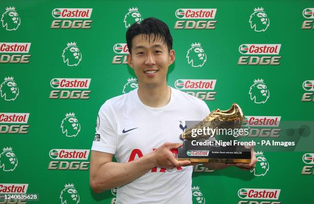 Tottenham Hotspurs' Son Heung-min with the Premier League Golden boot award after the Premier League match at Carrow Road, Norwich. Picture date:...