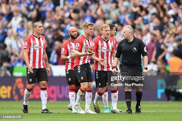 Southampton players approach Referee, Jonathan Moss after James Maddison of Leicester City scored a goal to make it 1-0 during the Premier League...