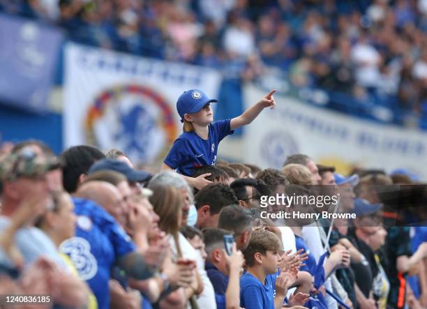 Fan points at the the players after the Premier League match between Chelsea and Watford at Stamford Bridge on May 22, 2022 in London, United Kingdom.