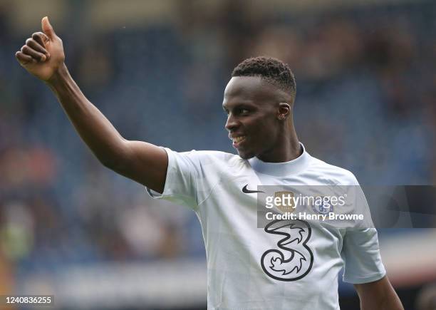 Edouard Mendy of Chelsea applauds the fans after the Premier League match between Chelsea and Watford at Stamford Bridge on May 22, 2022 in London,...