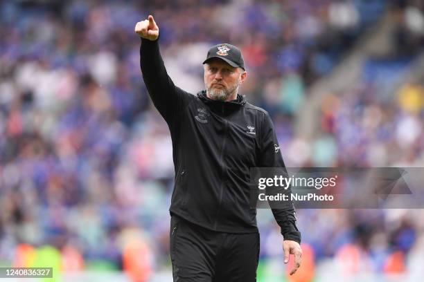 Ralph Hasenhuttl, manager of Southampton gestures to his teams supporters during the Premier League match between Leicester City and Southampton at...