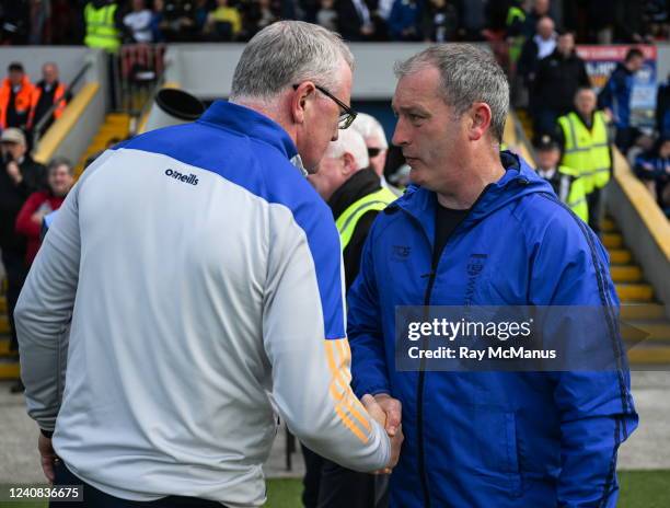 Clare , Ireland - 22 May 2022; The two managers, Brian Lohan and Liam Cahill, shake hands after the Munster GAA Hurling Senior Championship Round 5...