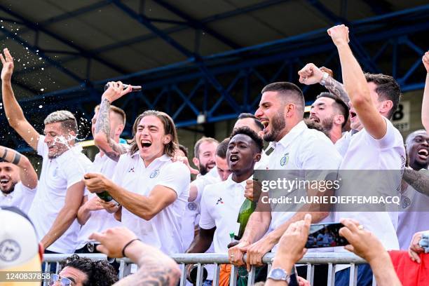 Union's Ismael Kandouss, Union's Casper Nielsen, Union's Lazare Amani, Union's Deniz Undav and Union's Dante Vanzeir celebrate after the Belgium...