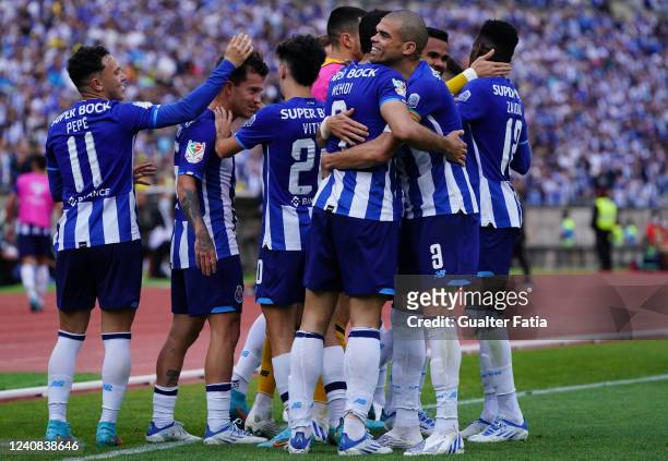 Mehdi Taremi of FC Porto celebrates with teammates after scoring a goal during the Taca de Portugal Final match between FC Porto and CD Tondela at...