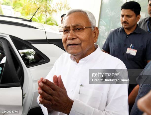 Bihar Chief Minister Nitish Kumar speaks with the media personnel after meeting with party senior leaders at JDU office on May 22, 2022 in Patna,...