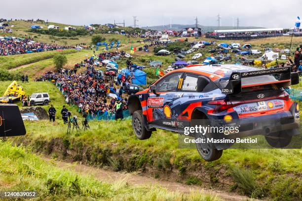 Thierry Neuville of Belgium and Martijn Wydaeghe of Belgium compete with their Hyundai Shell Mobis WRT Hyundai i20 N Rally 1 during Day Four of the...