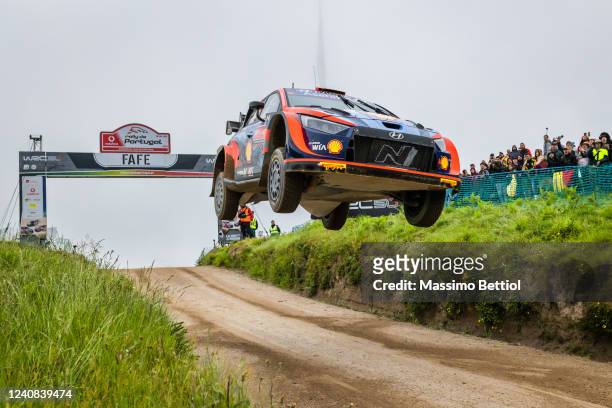 Dani Sordo of Spain and Candido Carrera of Spain compete with their Hyundai Shell Mobis WRT Hyundai i20 N Rally 1 during Day Four of the FIA World...