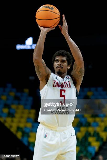 Edgar Sosa of the Zamalek shoots a free throw during the game against the Seydou Legacy Athlétique Club on May 22, 2022 at the Kigali Arena. NOTE TO...