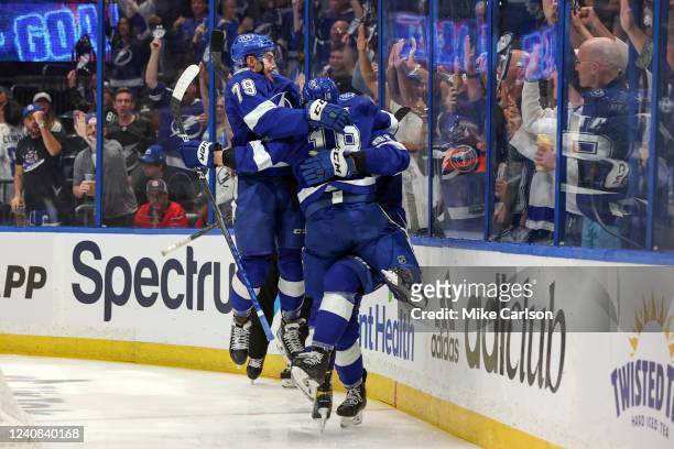Ondrej Palat of the Tampa Bay Lightning jumps onto Erik Cernak as Ross Colton joins to celebrate a goal against the Florida Panthers during the...