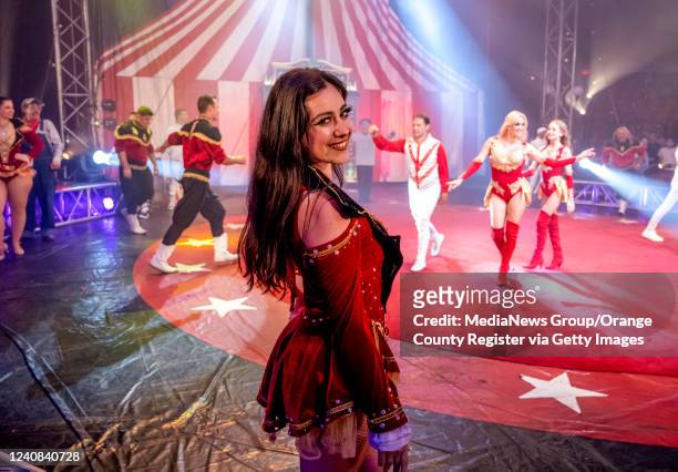 Jessica Lester Smith flashes a smile as the cast of The Circus Vargas Express come out to a cheering crowd at the conclusion of the show in the...
