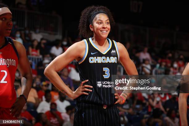 Candace Parker of the Chicago Sky looks on during the game against the Washington Mystics on May 22, 2022 at Capital One Arena in Washington, DC....