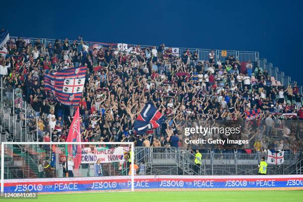 Fans of Cagliari during the Serie A match between Venezia FC and Cagliari Calcio at Stadio Pier Luigi Penzo on May 22, 2022 in Venice, Italy.