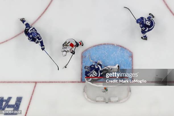 Goalie Andrei Vasilevskiy of the Tampa Bay Lightning tends net against Patric Hornqvist of the Florida Panthers during the third period in Game Three...