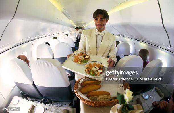 Flight attendant on board Concorde, France, April, 1998.