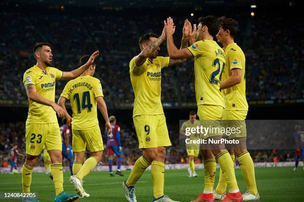 Alfonso Pedraza of Villarreal celebrates after scoring his sides first goal during the LaLiga Santander match between FC Barcelona and Villarreal CF...