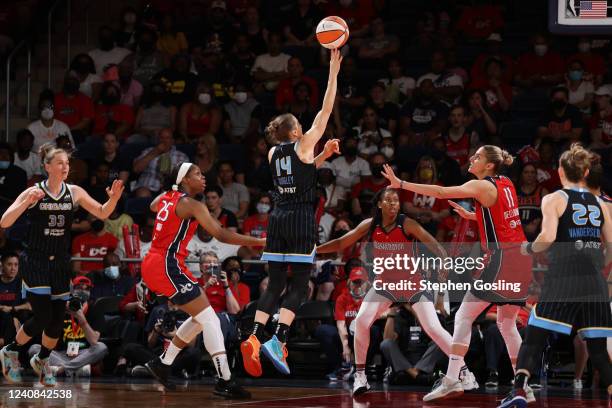 Allie Quigley of the Chicago Sky shoots the ball during the game against the Washington Mystics on May 22, 2022 at Capital One Arena in Washington,...