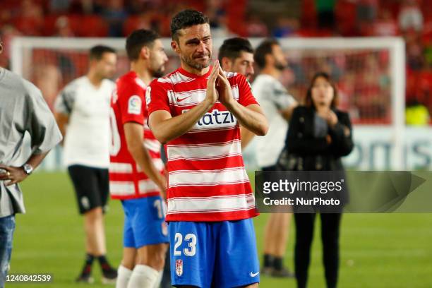 Jorge Molina of GranadaCF cries after Granada CF descends to second division during the La Liga match between Granada CF and RCD Espanyol at Nuevo...