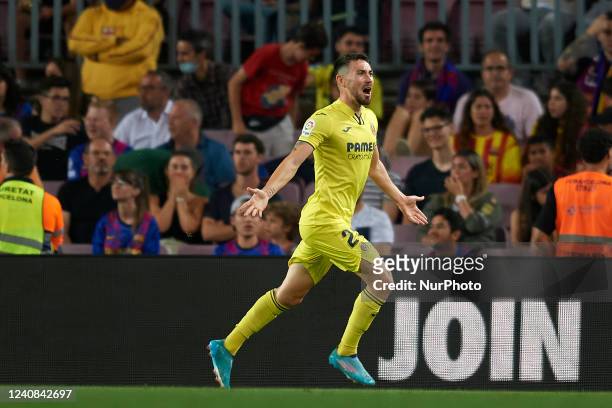 Moi Gomez of Villarreal celebrates after scoring his sides first goal during the LaLiga Santander match between FC Barcelona and Villarreal CF at...