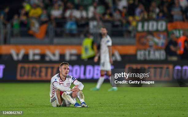 Marco Rog of Cagliari shows his dejection after the Serie A match between Venezia FC and Cagliari Calcio at Stadio Pier Luigi Penzo on May 22, 2022...