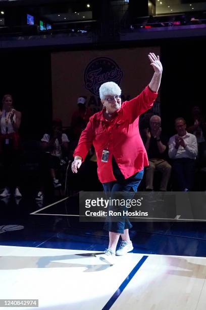 Former Indiana Fever coach, Lin Dunn, walks on to the court for the celebration of the 10th Anniversary of the Indiana Fever Championship during the...