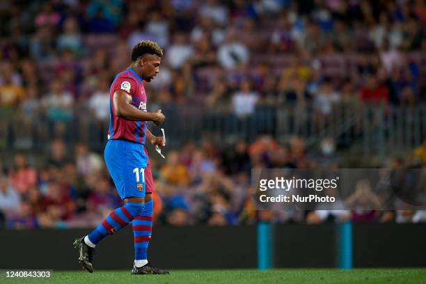 Adama Traore of Barcelona is changed during the LaLiga Santander match between FC Barcelona and Villarreal CF at Camp Nou on May 22, 2022 in...