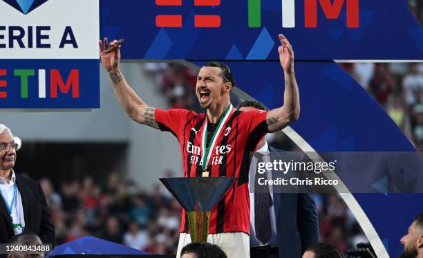 Zlatan Ibrahimovic of AC Milan celebrates after their side finished the season as Serie A champions during the Serie A match between US Sassuolo and...