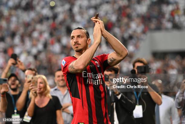 Zlatan Ibrahimovic of AC Milan celebrates after their side finished the season as Serie A champions during the Serie A match between US Sassuolo and...