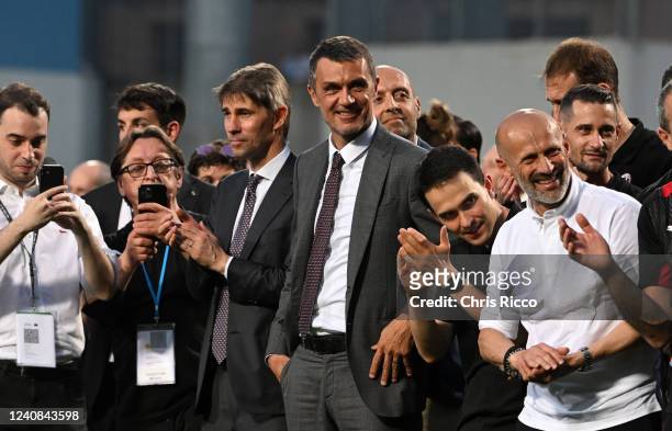 Paolo Maldini, Technical Director of AC Milan celebrates after their side finished the season as Serie A champions during the Serie A match between...