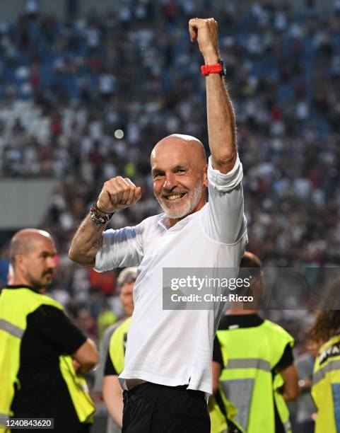 Stefano Pioli, Manager of AC Milan celebrates after their side finished the season as Serie A champions during the Serie A match between US Sassuolo...