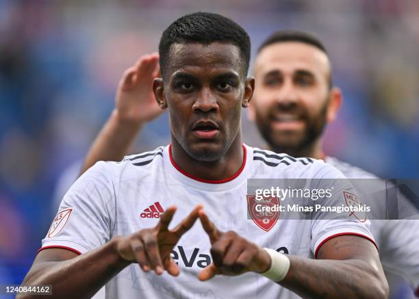 Sergio Córdova of Real Salt Lake celebrates his goal in the second half against CF Montréal at Saputo Stadium on May 22, 2022 in Montreal, Canada....